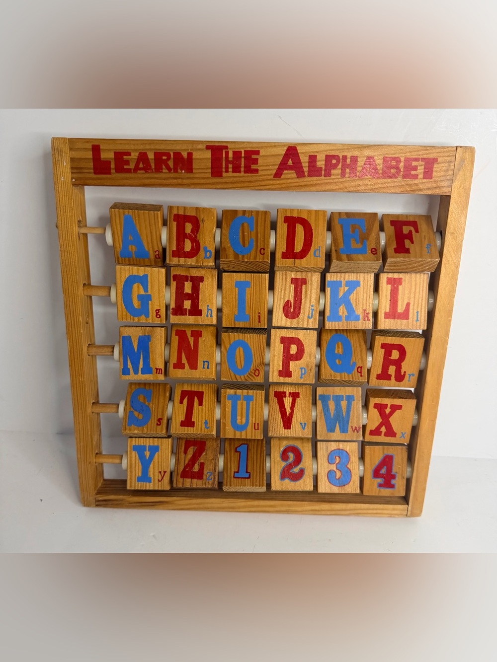 Vintage Wooden Learn The Alphabet Flip Block Educational Toy ABC Numbers